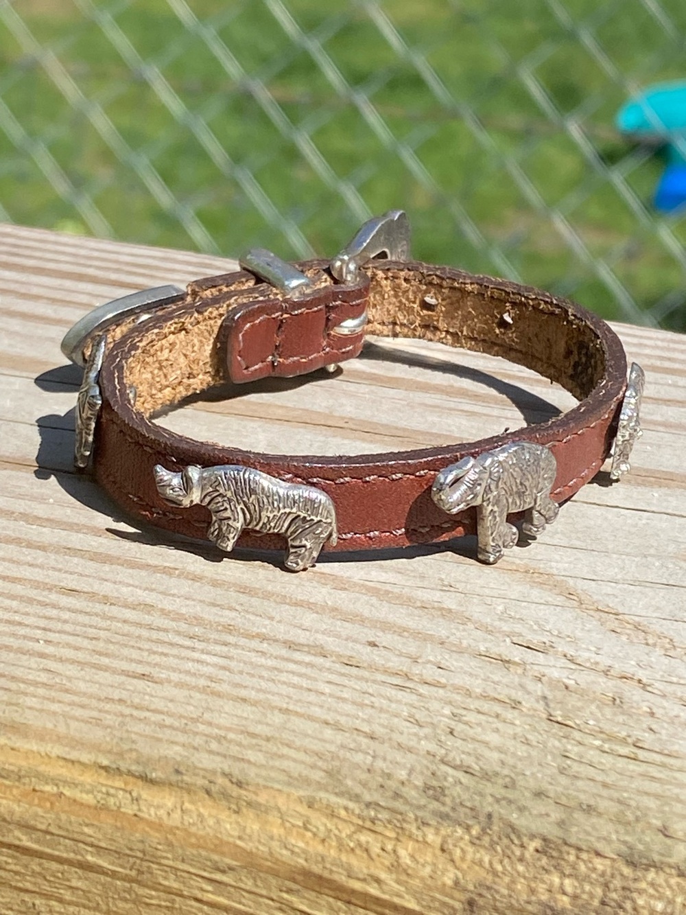 Brown Leather Belt Buckle Bracelet with Silver Animal Charms Rhino Zebra Bear